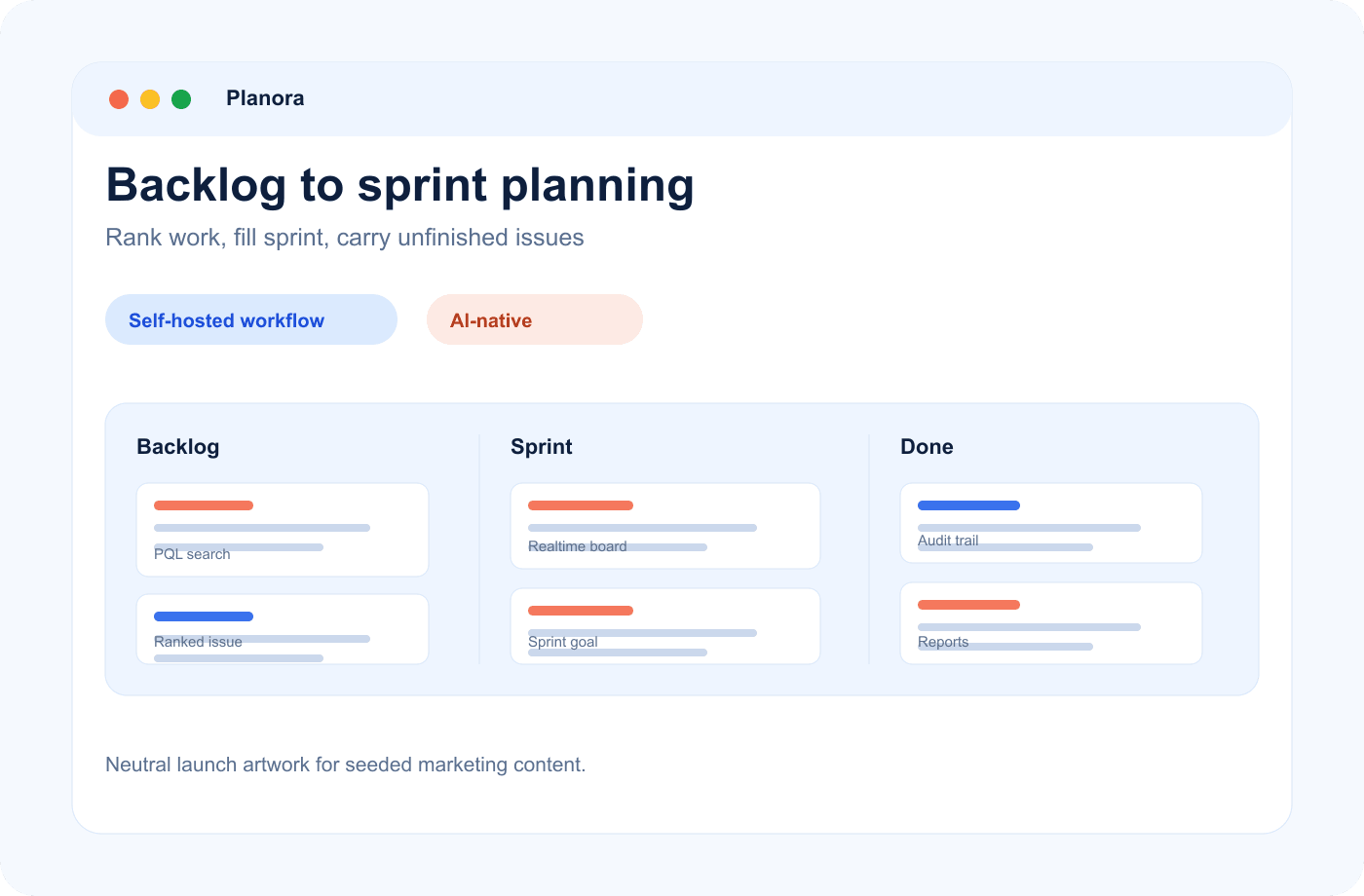 Neutral backlog planning board with ranked issues and sprint panel