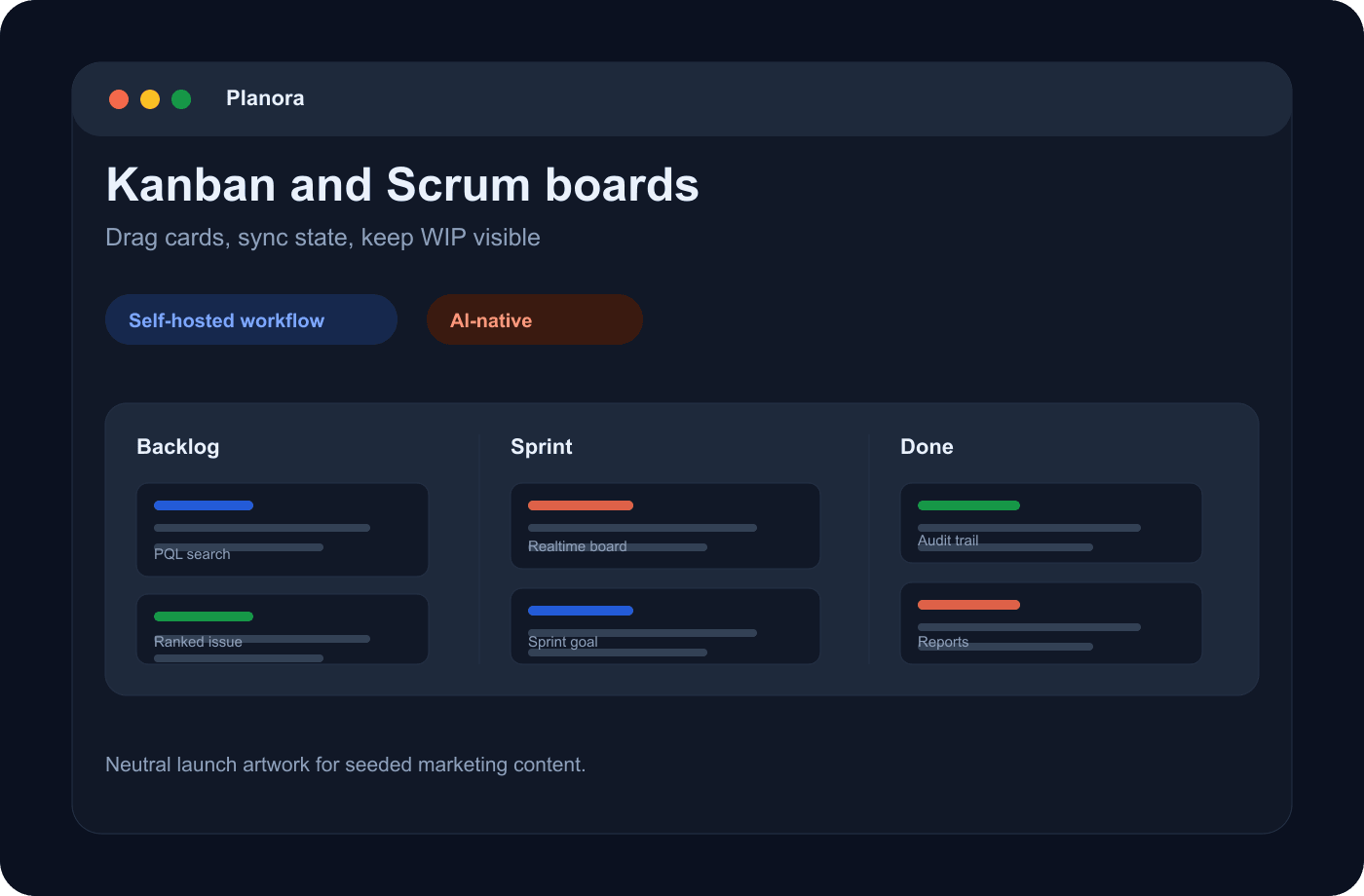 Neutral Kanban board with columns, WIP badges and issue cards