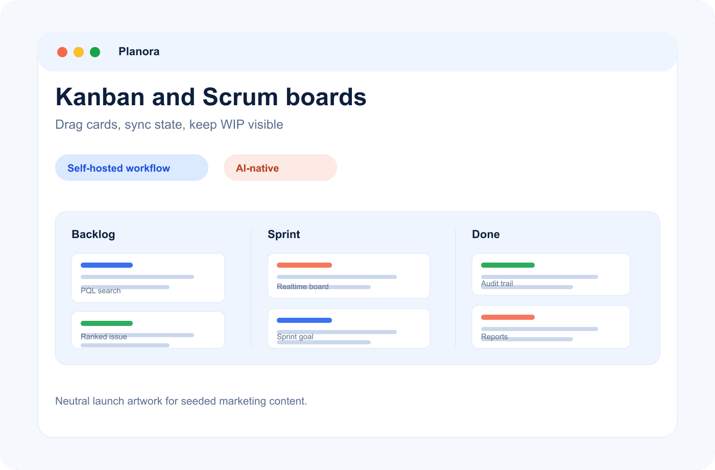 Neutral Kanban board with columns, WIP badges and issue cards
