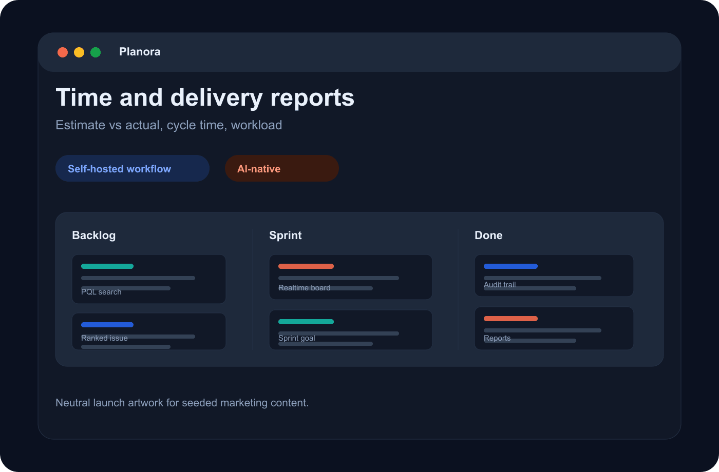 Neutral reports overview with burndown, velocity and workload cards