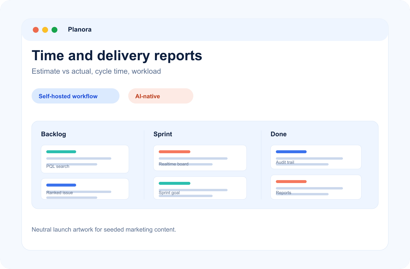 Neutral reports overview with burndown, velocity and workload cards