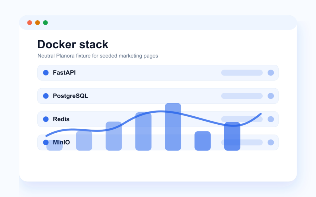 Neutral stack diagram with FastAPI, PostgreSQL, Redis, MinIO and Celery